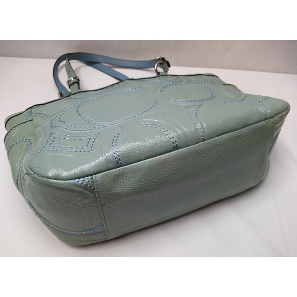Coach Blue Patent Leather Signature C Embossed Double Handles Pockets Tote Bag - Picture 7 of 16